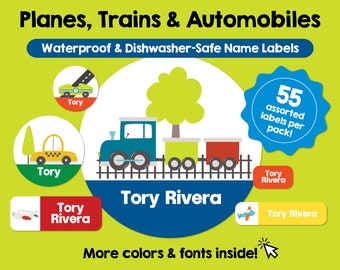 Aviones, trenes, coches, etiquetas impermeables aptas para lavavajillas, etiquetas personalizadas, etiquetas de nombres para niños, etiquetas personalizadas aptas para lavavajillas, pegatinas con nombres bonitos