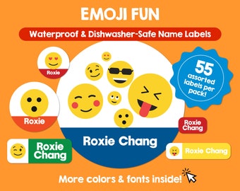 Caras de Emoji Etiquetas impermeables aptas para lavavajillas Etiquetas personalizadas Etiquetas de nombres para niños Etiquetas personalizadas aptas para lavavajillas Etiquetas lindas con nombres Escuela