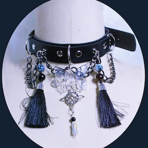 Handmade Black Leather Choker, Butterfly Charm Metal Chain Necklace, Cyberpunk Gothic Jewelry, Grunge Charm Beads Threads