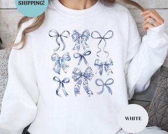 Sudadera con lazo Toile De Jouy, suéter Coquette con lazo azul