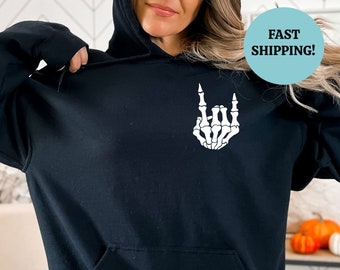 Sudadera con capucha de mano de esqueleto para Halloween, sudadera con gráfico de otoño