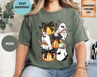 コンフォートカラーのハロウィン教師シャツ：ゴースト読書本Tシャツ