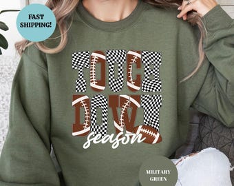 Touch Down Season Sweatshirt, Checkered Football Game Day Hoodie for Women