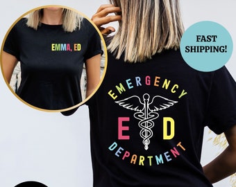 May include: Black t-shirt with a white graphic of a medical symbol and the text "EMERGENCY DEPARTMENT" in rainbow colors. The text "ED" is in large, bold letters.