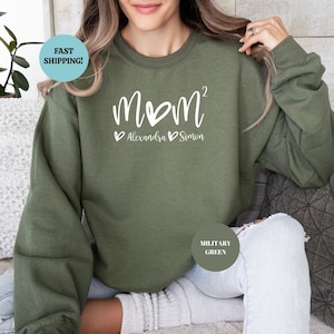 Sudadera personalizada para mamá de gemelos, suéter personalizado para mamá de dos hijos con nombres de niños, sudadera con capucha &quot;Mamá al Poder&quot;, regalo para el Día de la Madre, cuello redondo para mamá 2