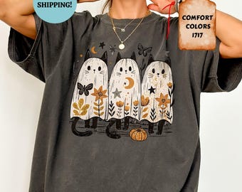 Comfort Colors Halloween Ghost Cat Shirt, Spooky Black Cat Tshirt, Funny Fall Tee