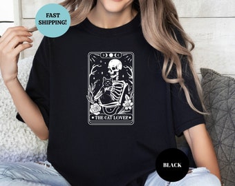 Camiseta de Tarot para amantes de los gatos, camiseta de cartas del tarot, camiseta de esqueleto y gato, regalo para amantes de los gatos, camiseta de mujer gata, camiseta divertida de cartas del tarot, regalo para mamá gata