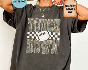 Comfort Colors Camo Checkered Football Touchdown Shirt, Trendy Gameday Football Top, Fall Sports Outfit