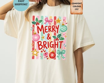 Comfort Colors Merry And Bright Shirt, Trendy Stripes Christmas Tee, Holiday Shirt