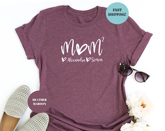 Personalized Mom of Two Shirt, Custom Mom 2 Shirt with Kids Names, Twin Mom Tee, Mom to the Power Tee, Mothers Day Gift,  Pregnancy Reveal