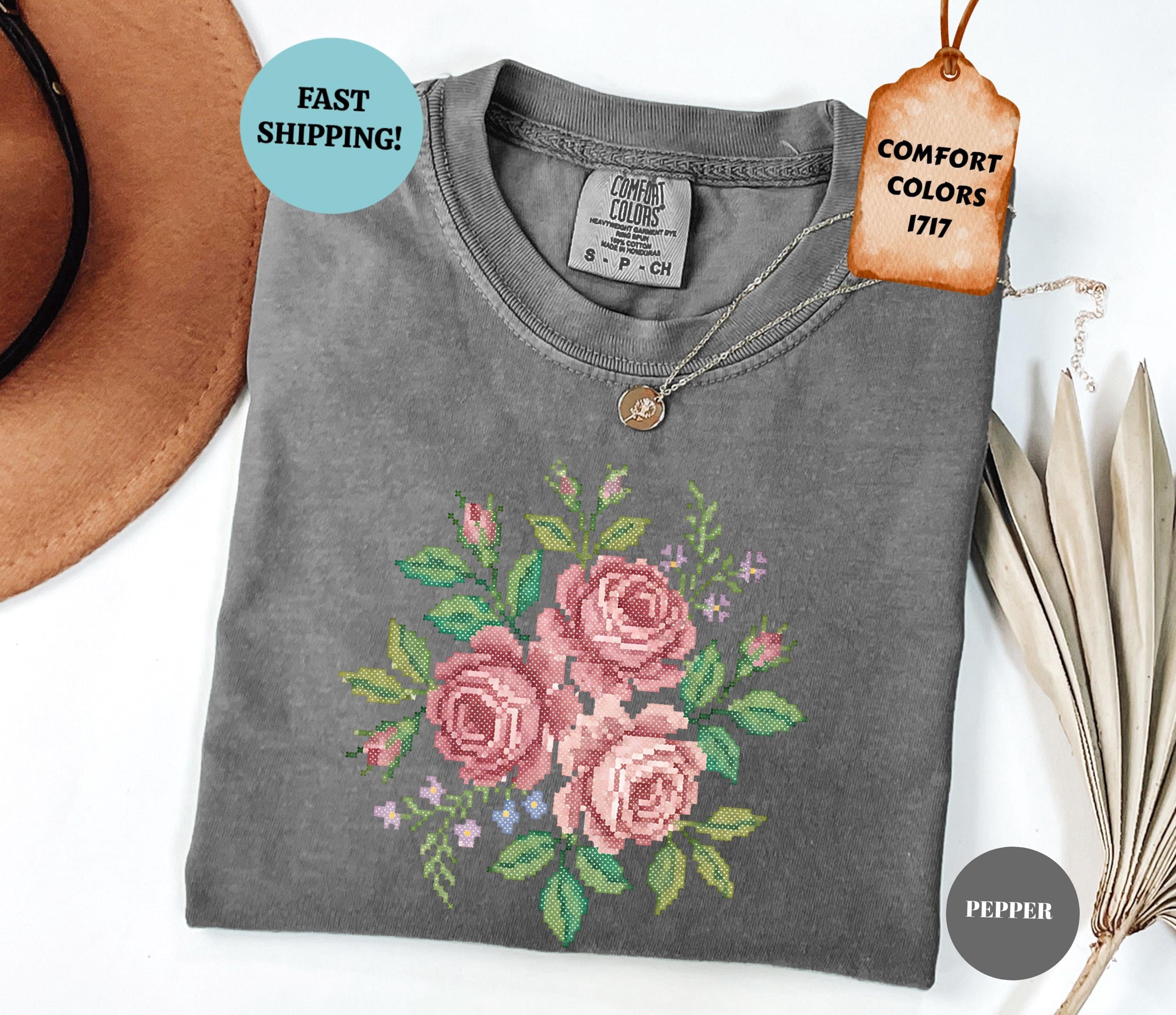 Cross Stitch Floral Shirt, Comfort Colors Vintage Womens Tshirt