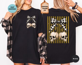 Comfort Colors Striped Coquette Skull Shirt, Skeleton Halloween Tee, Spooky Season T-Shirt