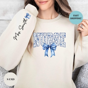 Toile De Jouy Nurse Bow Sweatshirt, Custom Coquette Nurse Shirt, Gift For Nurse, Nurse Ribbon Hoodie, Rn Nurse Shirt, Floral Nurse Hoodie