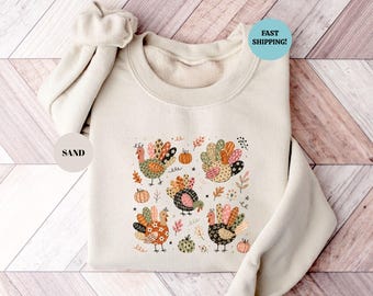 Boho Turkey Thanksgiving Sweatshirt, Preppy Fall Wild Turkey Sweater, Women's Floral Autumn Gift