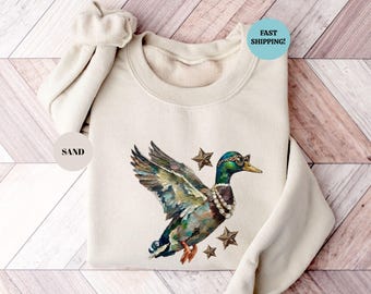 Glam Mallard Duck Sweatshirt, Duck Hunting Wife Sweater, Preppy Animal Print Hoodie