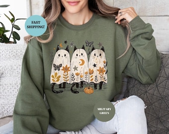 Halloween Ghost Cat Sweatshirt, Spooky Black Cat Hoodie, Funny Fall Sweater