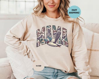 Bluza Hunting Mama: grafika z kamuflażem Duck, sweter Mom Life