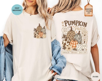 Comfort Colors® Retro Pumpkin Patch Shirt, Leopard Autumn Front Back T-Shirt, Trendy Fall Tee
