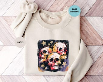 Horror Skulls Sweatshirt, Gothic Halloween Hoody, Vintage Fall Spooky Season Sweatshirt
