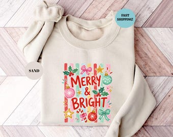 Womens Merry And Bright Sweatshirt, Coquette Cany Cane Christmas Sweater, Vintage Holiday Outfit