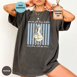 May include: A charcoal gray short-sleeve t-shirt featuring a graphic of a white goose wearing glasses and holding a clipboard labeled TESTING. The design includes light blue vertical stripes and the text you've got this, kiddo show them what you know.