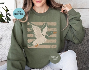 Vintage Retro Mallard Duck Hunting Sweatshirt, Trendy Striped Duck Hoodie, Nature Lover Gift