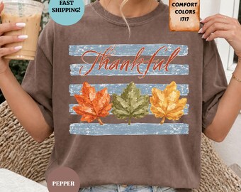 Comfort Colors Thankful Shirt, Trendy Stripes Thanksgiving T-Shirt, Autumn Leaves Tee