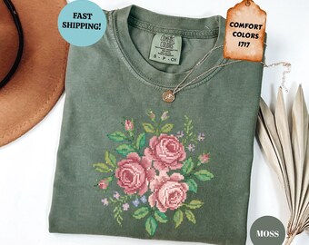 Cross Stitch Floral Shirt, Comfort Colors Vintage Womens Tshirt