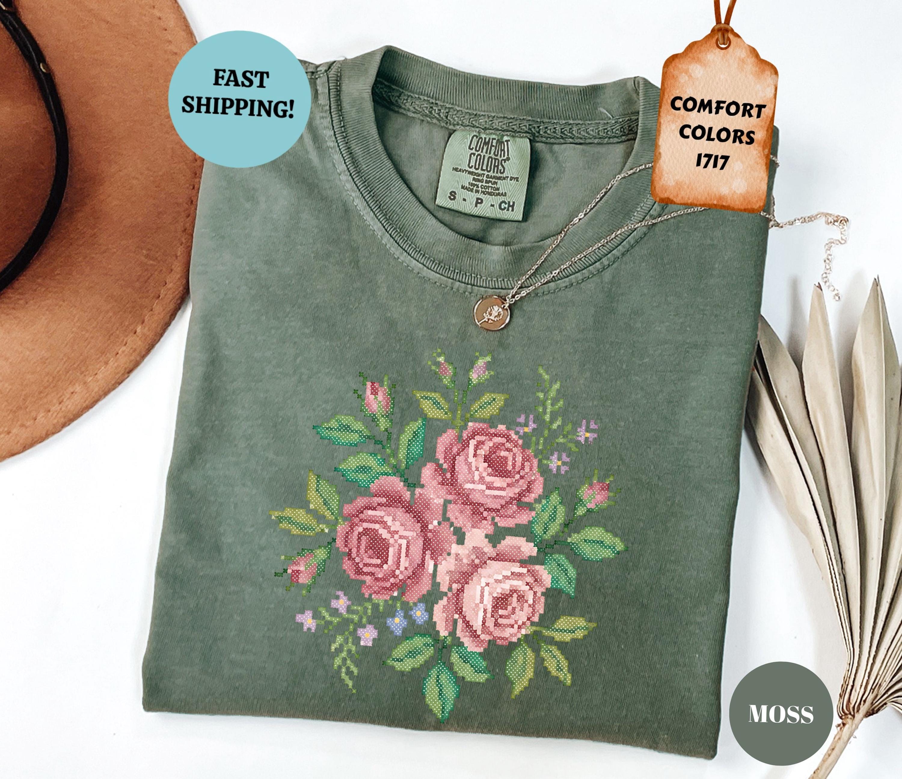 Cross Stitch Floral Shirt, Comfort Colors Vintage Womens Tshirt