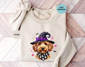 Halloween Goldendoodle Witch Sweatshirt, Spooky Dog Mom Fall Apparel, Funny Halloween Hoodie