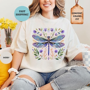 Comfort Colors® Womens Dragonfly Floral Tshirt, Together Dragonfly Tee, Nature Lover Shirt, Garden Lover Gift, Cottagecore Botanical Shirt