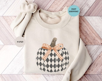 Checkered Pumpkin Sweatshirt, Distressed Autumn Sweater,  Cozy Fall Crewneck, Thanksgiving Sweatshirt
