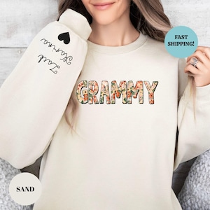 Personalized Grammy Sweatshirt with Names on Sleeve, Custom Floral Grammy Hoodie, Mothers Day Gift, New Grandma Gift, Baby Reveal Gift