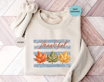 Thankful Sweatshirt, Trendy Striped Hello Thanksgiving Sweater, Women Autumn Leaves Hoodie