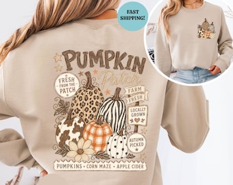Retro Pumpkin Patch Sweatshirt, Leopard Autumn Front Back Sweatshirt, Trendy Fall Hoodie