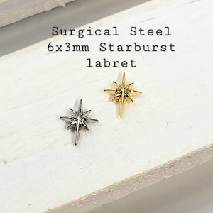 16g 4 mm 5 mm 6 mm 8 mm 10 mm 12 mm Starburst 6 x 3 mm Piercing (Einfach), Chirurgenstahl 316L Knorpel Helix Tragus Muschel Piercing