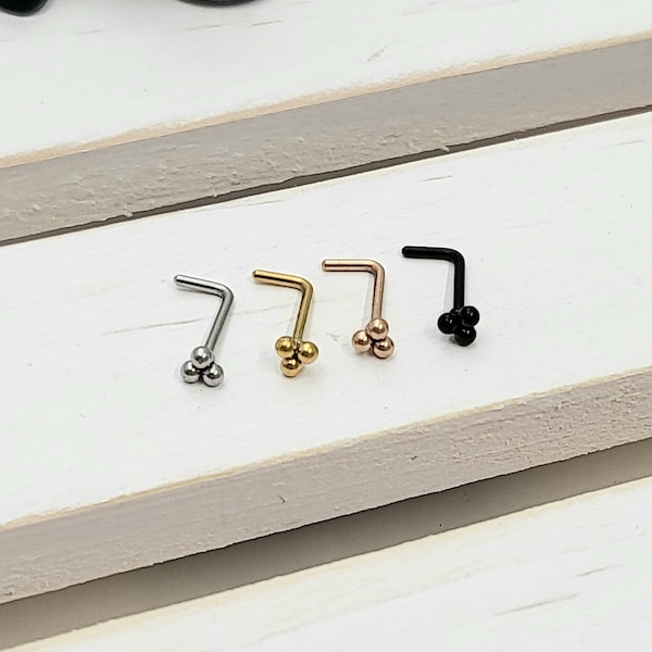 20g 8mm Trinity 3mm Ball Gold,Silver,Rose,Black Nose Pin 316L Surgical L type, Nose Ring