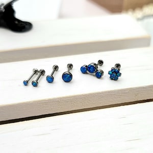 Titanium 2mm, 2.5mm, 3mm, 4mm Blue Opal Bazel Push in Labret 16g, 18g, 20g Tragus Cartilage Helix Piercings
