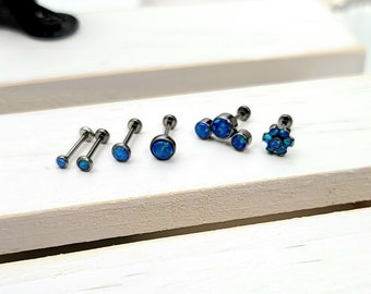 Titanium 2mm, 2.5mm, 3mm, 4mm Blue Opal Bazel Push in Labret 16g, 18g, 20g Tragus Cartilage Helix Piercings