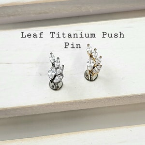 Titanium Dainty Leaf Cz Push in Labret 16g, 18g, 20g Conch, Cartilage, Helix Piercings