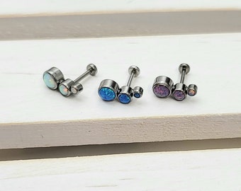 Titanium Curve Opal Push in Labret 16g, 18g, 20g Tragus Cartilage Helix Piercings