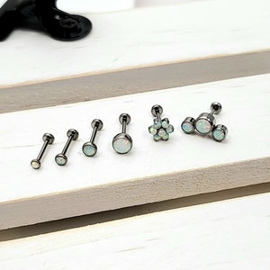 Titanium 2mm, 2.5mm, 3mm, 4mm White Opal Bazel Push in Labret 16g, 18g, 20g Tragus Cartilage Helix Piercings