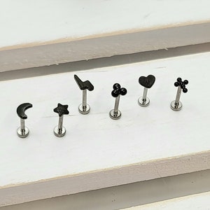 Titanium 3mm Tiny Black Star Push inLabret 16g, 18g, 20g Tragus Cartilage Helix Lip Nose Piercings