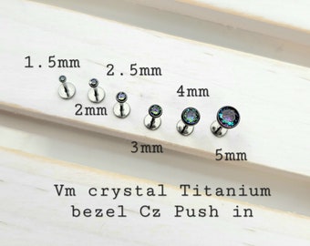 Titanium 1.5mm,2mm,2.5mm,3mm,4mm,5mm Vm Crystal Bazel Push in Labret 16g, 18g, 20g Tragus Cartilage Helix Piercings
