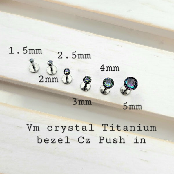 Titanium 1.5mm,2mm,2.5mm,3mm,4mm,5mm Vm Crystal Bazel Push in Labret 16g, 18g, 20g Tragus Cartilage Helix Piercings