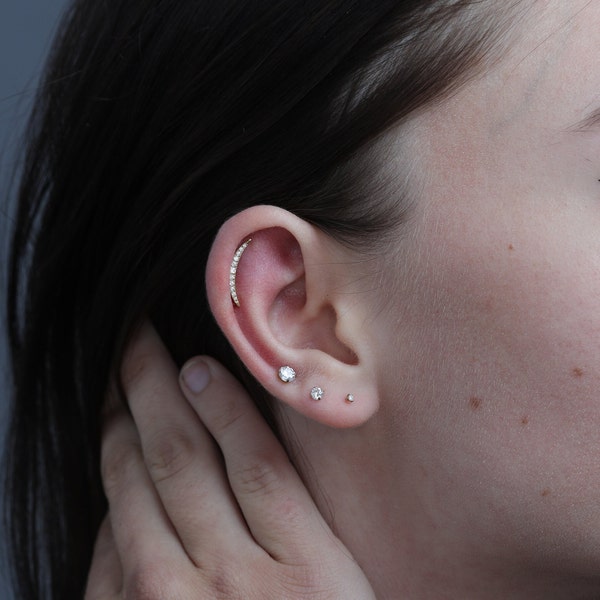 Titanium Dainty Long Crescent Cz Curve Push in Labret 16g, 18g, 20g Conch, Cartilage, Helix Piercings