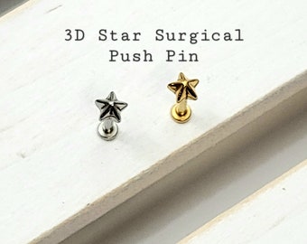 Surgical 3D Star Push in Labret 16g, 18g, 20g Tragus Cartilage Helix Lip Nose Piercings
