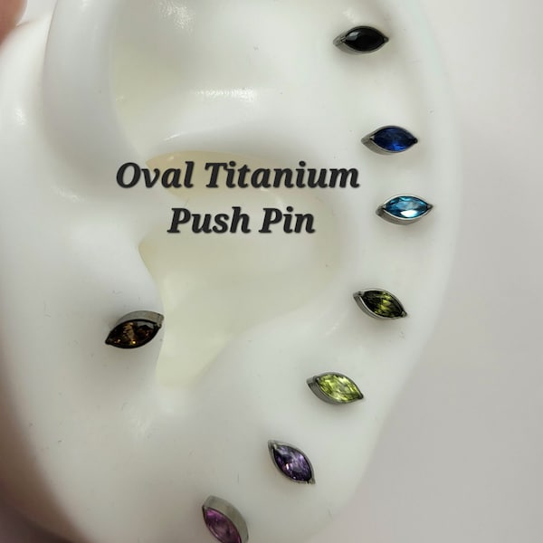 Titanium Color Oval Marquise Cz Push in Labret 16g, 18g, 20g Tragus Cartilage Helix Lip Nose Piercings