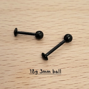 18g Push In 2mm/3mm Black Ball Labret, Surgical steel ball piercing Tragus Cartilage Helix Lip Nose Piercings