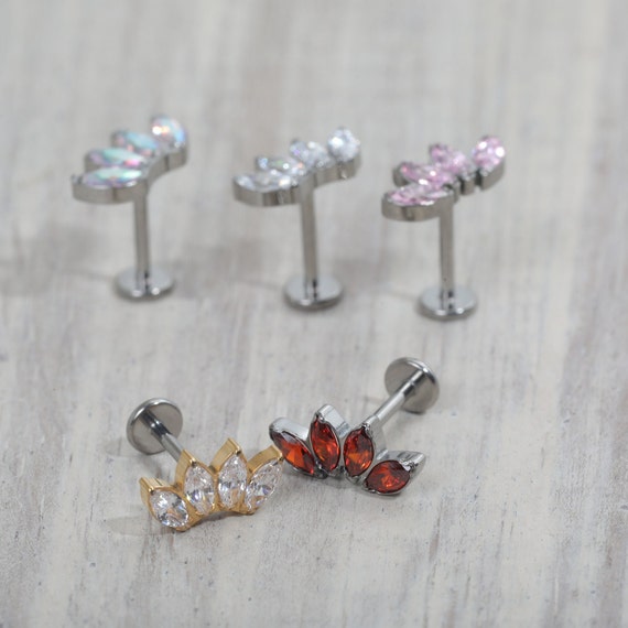 Titanium Dainty Four Marquise CZ Stone Push in Labret 16g, 18g
